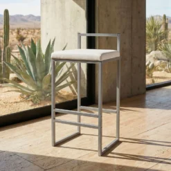 Tabouret de bar en métal Drakkar Argent et Velours Blanc