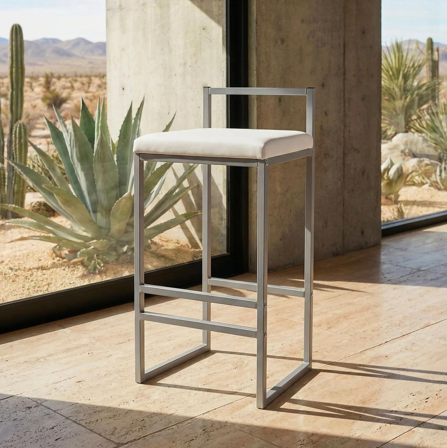 Tabouret de bar en métal Drakkar Argent et Velours Blanc