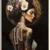 Toile décorative portrait féminin cadre orné couleurs intenses