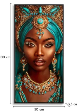 Toile laquée Maya visage exotique turquoise avec cadre