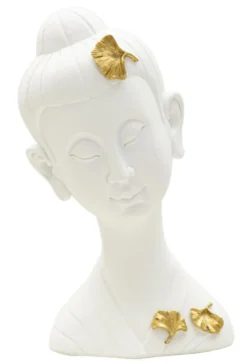Tête de Bouddha en polyrésine blanche ornée de feuilles d'or