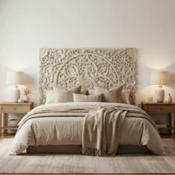 Tête de lit bois sculpté Serena 180cm Effet travertin Beige clair