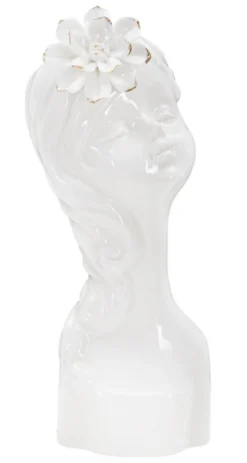 Vase buste féminin Céramique Blanc avec Fleur dorée