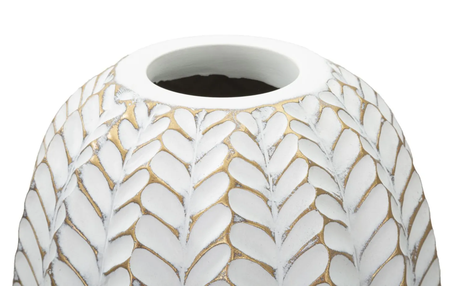 Vase décoratif motifs feuilles polyrésine Blanc et Or