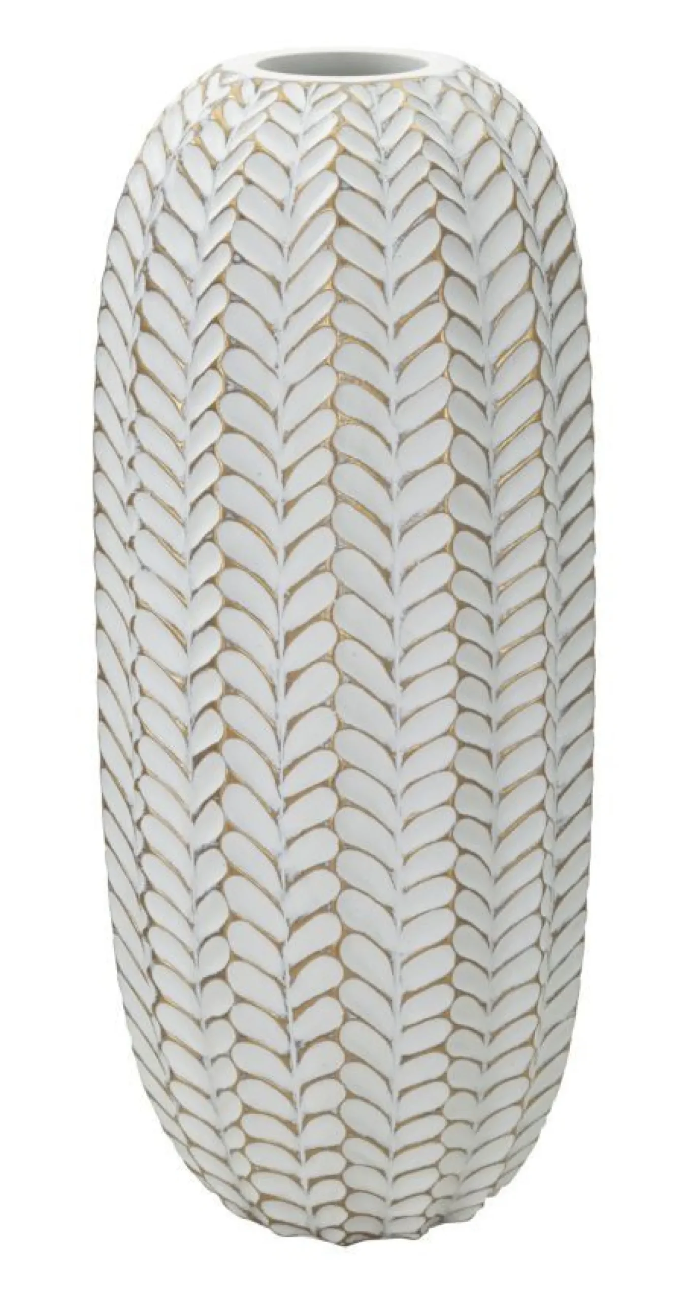 Vase décoratif motifs feuilles polyrésine Blanc et Or