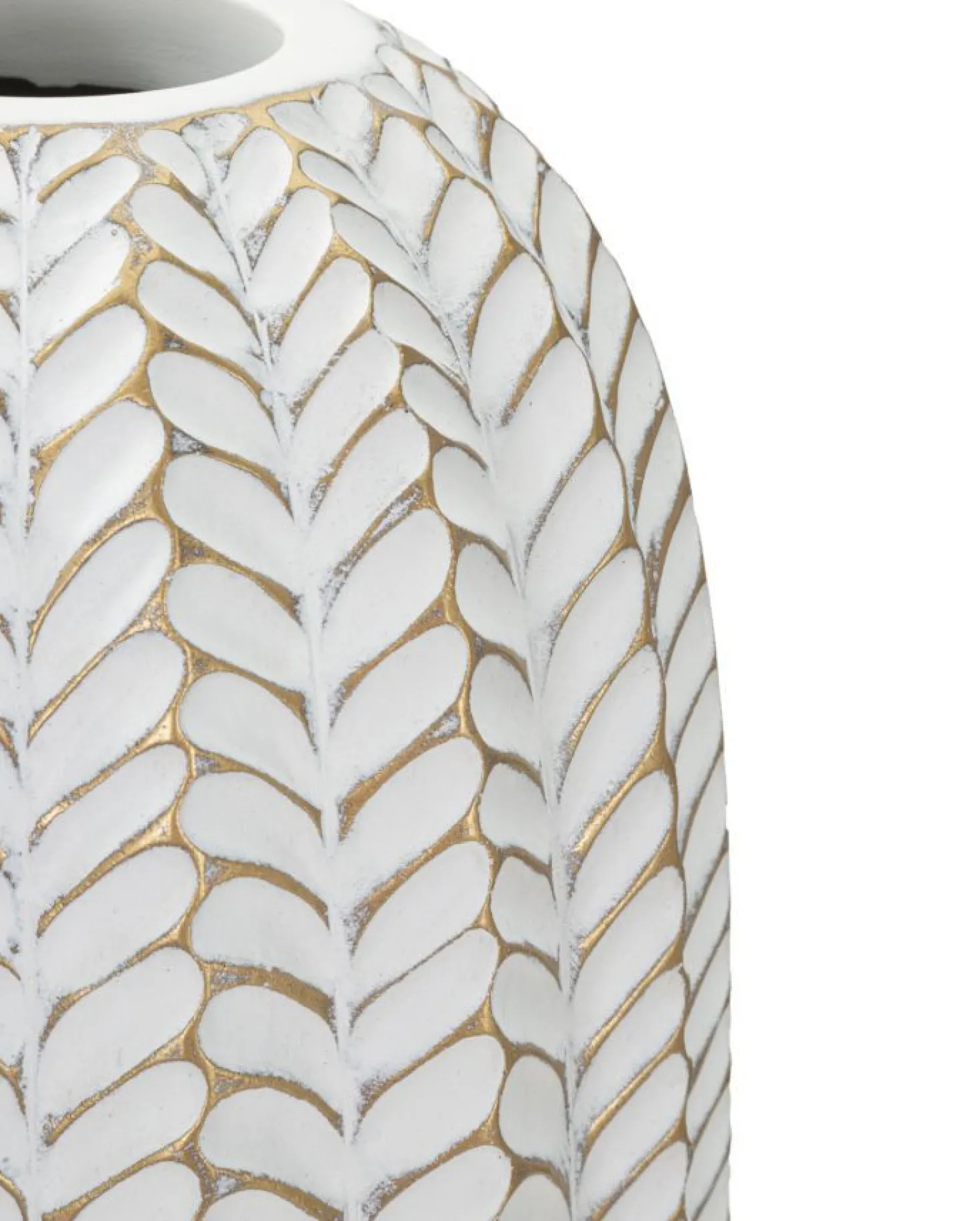 Vase décoratif motifs feuilles polyrésine Blanc et Or