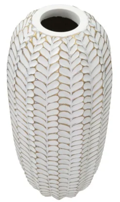 Vase décoratif motifs feuilles polyrésine Blanc et Or