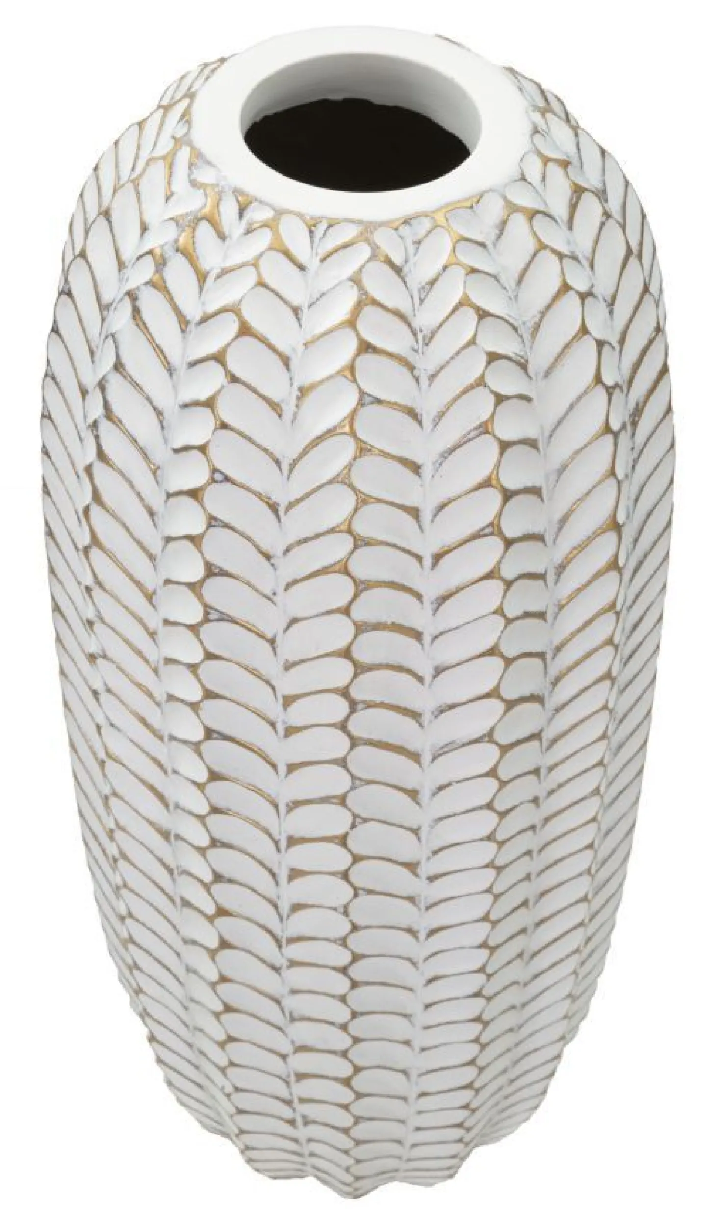 Vase décoratif motifs feuilles polyrésine Blanc et Or