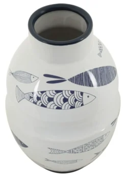 Vase en céramique blanche décorations poissons bleus