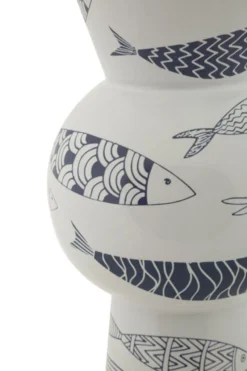 Vase haut en céramique blanche décor poissons bleu