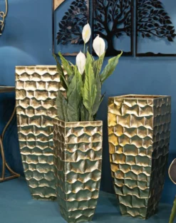 Vases carrés en métal doré ensemble de 3 pièces décorations en relief